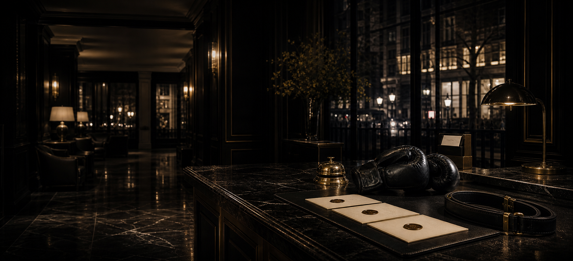 Black marble London wellness atelier with boxing gloves and appointment cards
