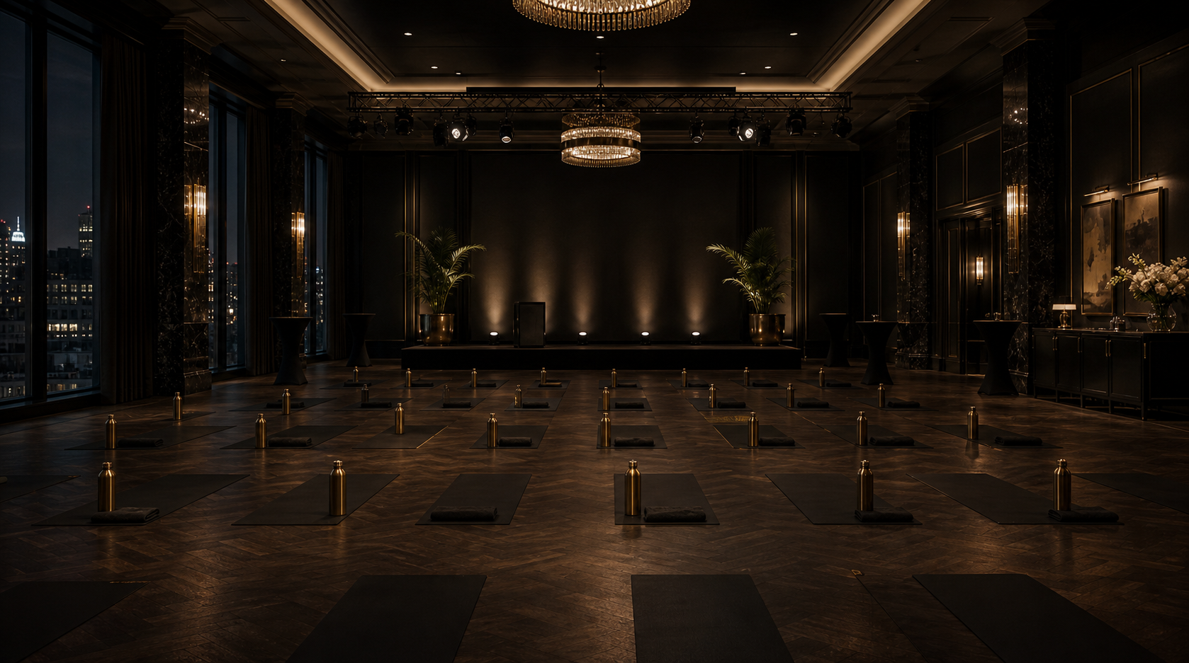 Luxury hotel room prepared for a corporate wellness event