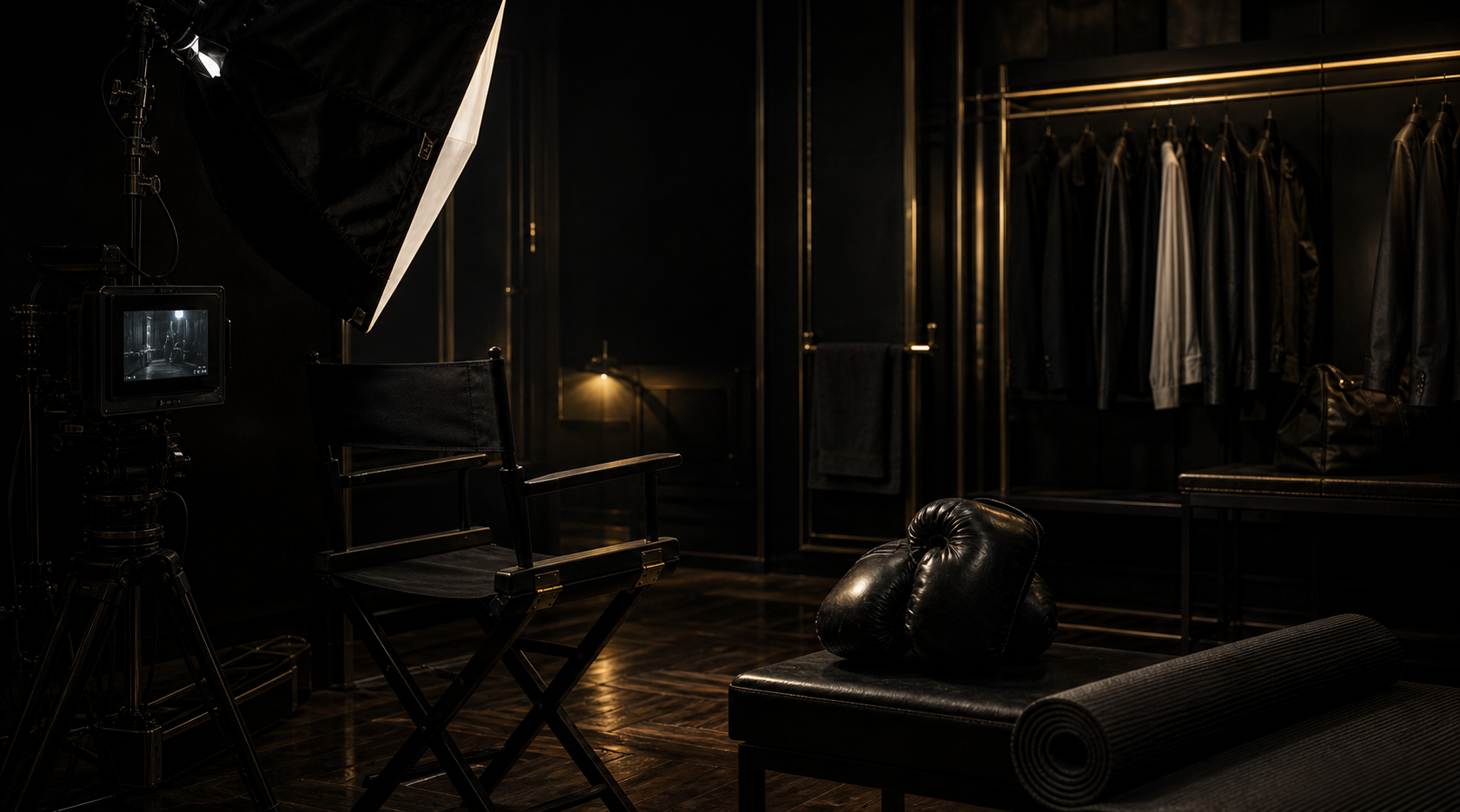 Luxury media production suite with boxing gloves and studio lighting